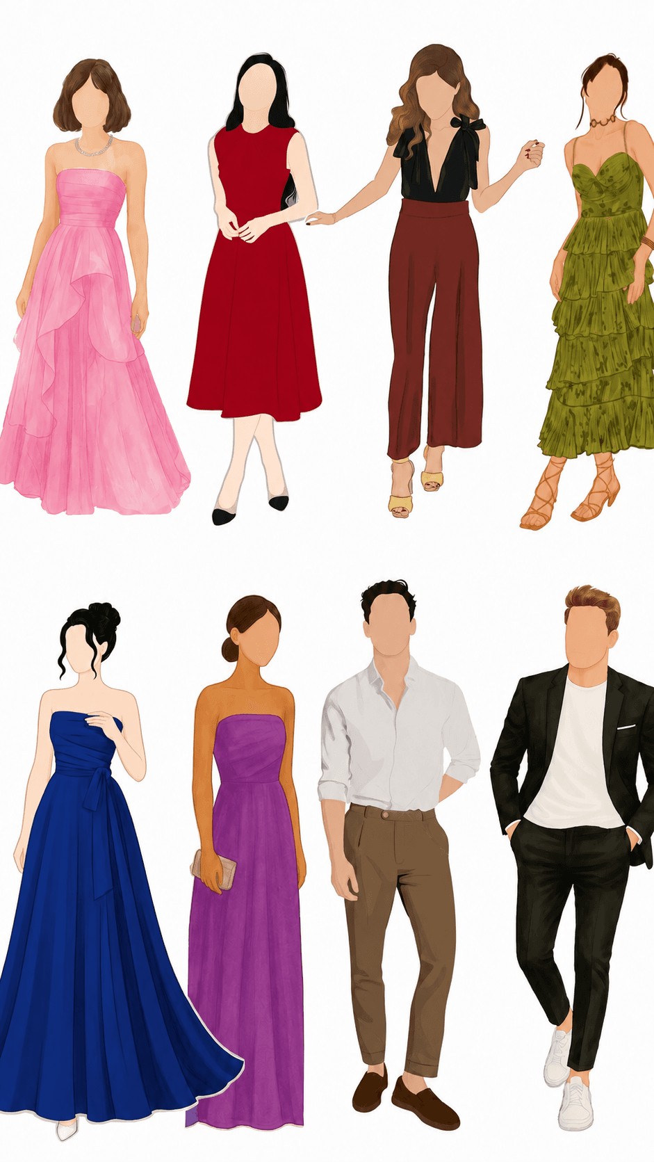 Convidadas em vestidos longos e midi, e convidados em camisa social e terno